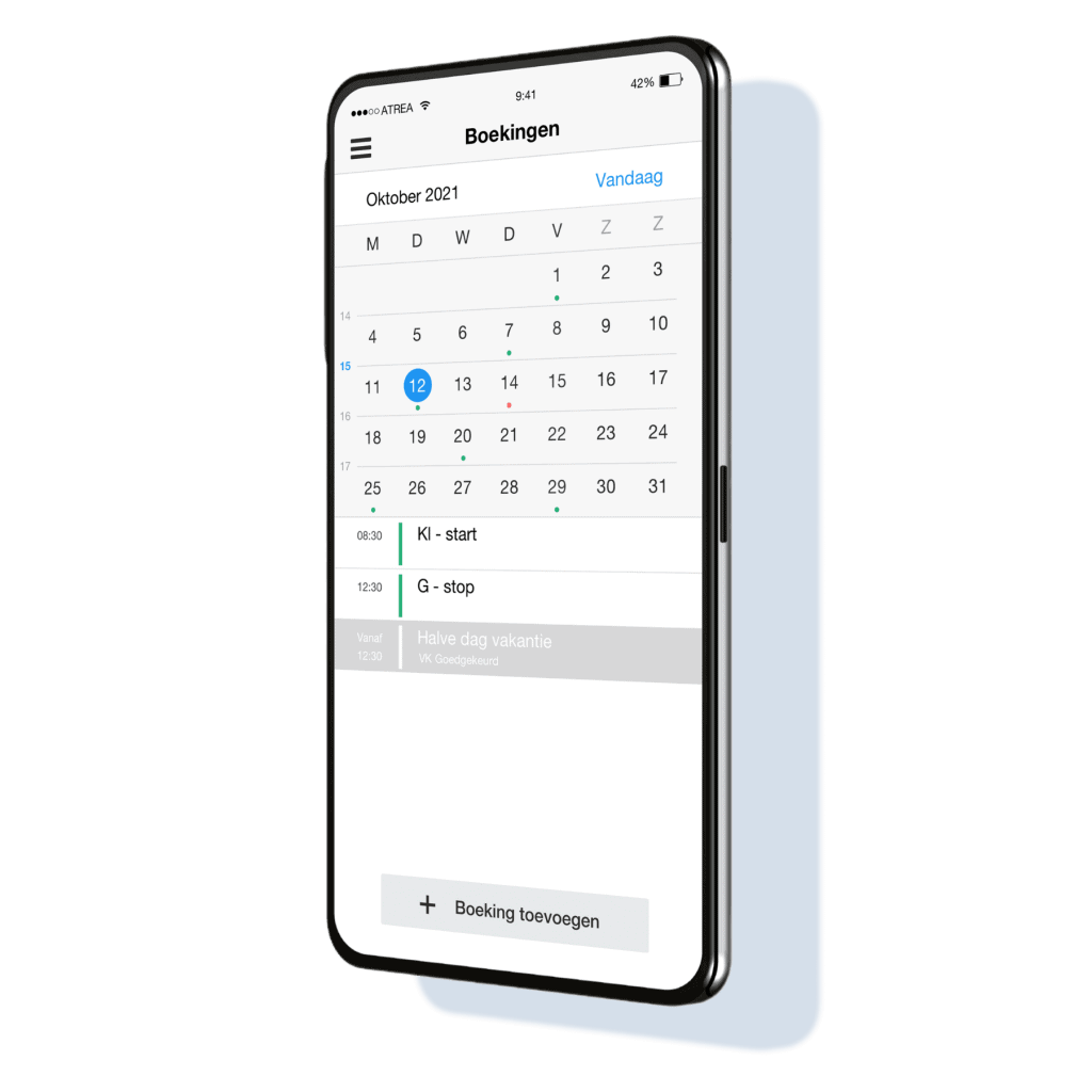 Atrea app tijdsregistratie boekingen inzien